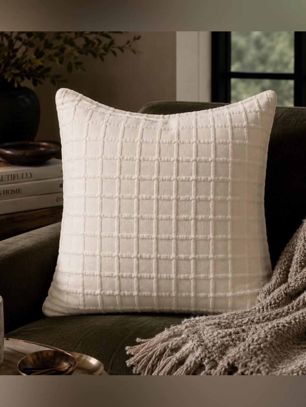 Calvin Klein Cream Quilted Square Throw Pillow Cover 22x22” Neutral